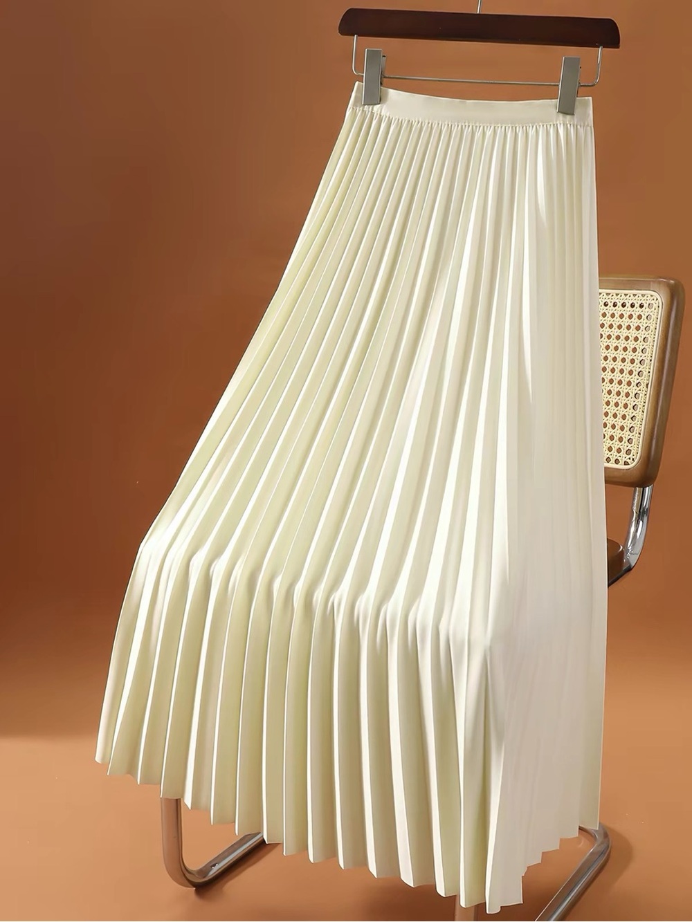 Women's Cream Satin Pleated Maxi Skirt